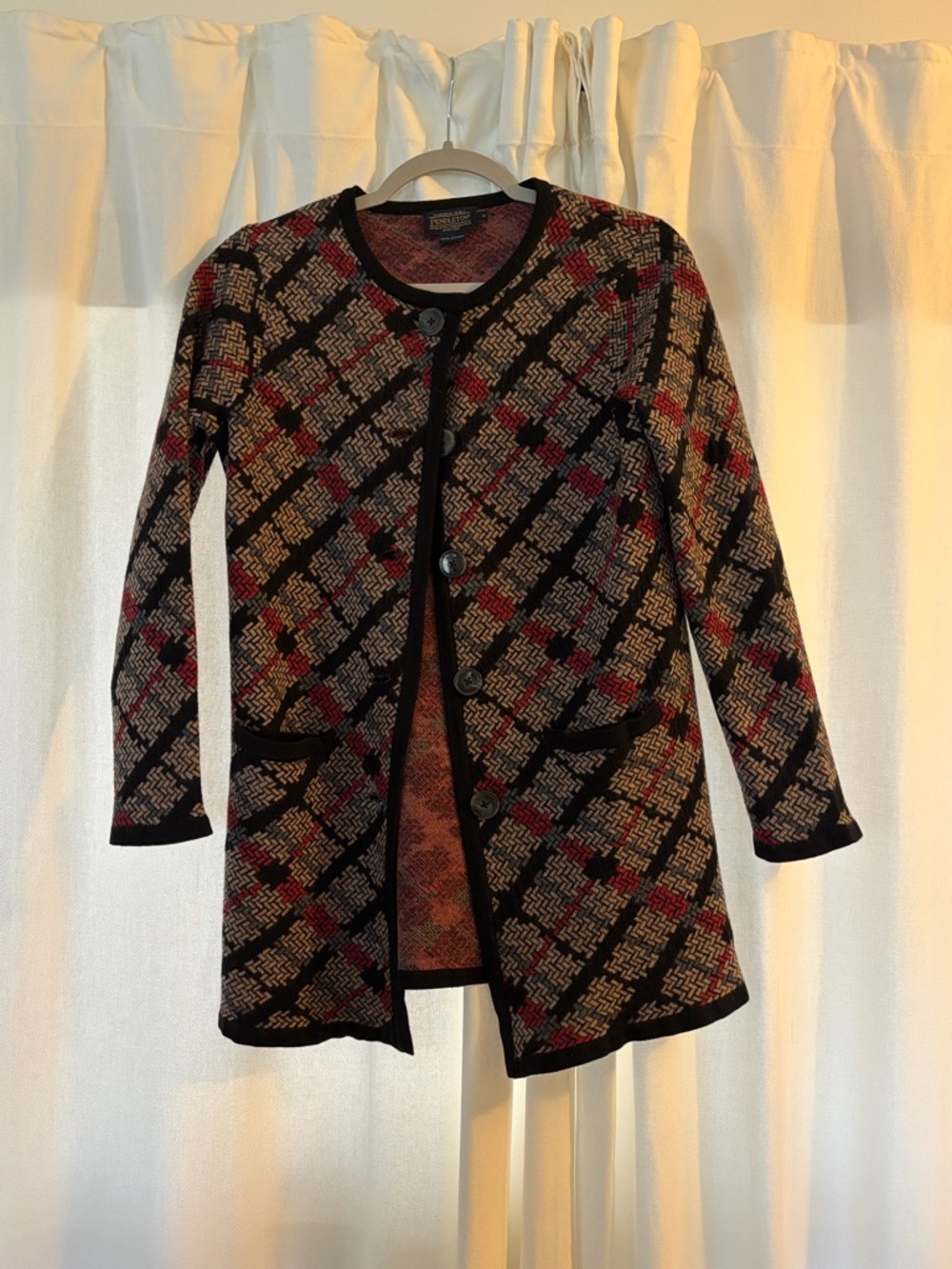 Pendleton Black, Tan and Red Patterned Long Cardigan